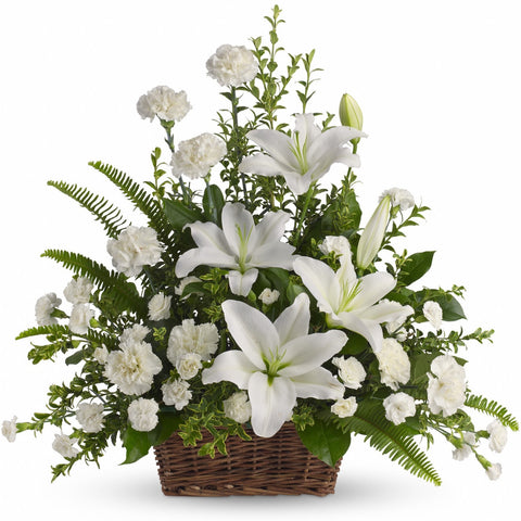 Peaceful White Lilies Basket Arrangement